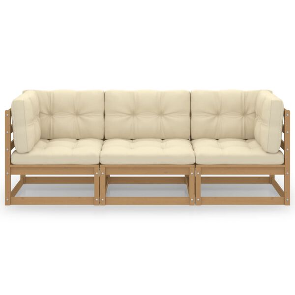 vidaXL Sof&aacute; de jardim 3 lugares com almofad&otilde;es pinho maci&ccedil;o