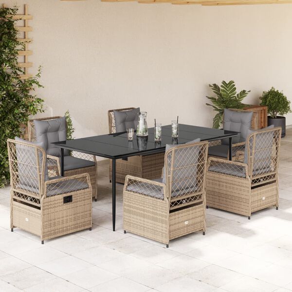 vidaXL 7 pcs conjunto de jantar p/ jardim com almofad&otilde;es vime PE bege