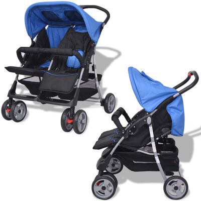 vidaXL Carrinho de bebé para gémeos em aço azul e preto