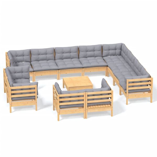 vidaXL 13pcs conjunto lounge de jardim + almofad&otilde;es cinza pinho maci&ccedil;o