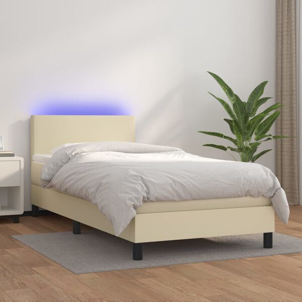 vidaXL Cama box spring c/ colch&atilde;o/LED 90x200 cm couro artificial creme