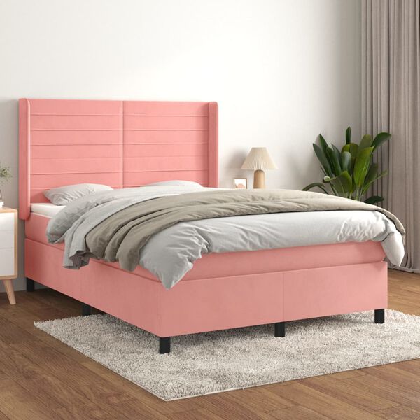 vidaXL Cama com molas/colch&atilde;o 140x200 cm veludo rosa