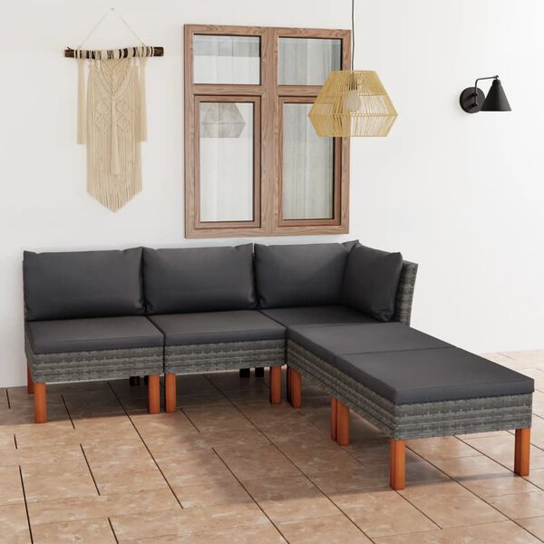 vidaXL 5 pcs conjunto lounge de jardim c/ almofad&otilde;es vime PE cinzento