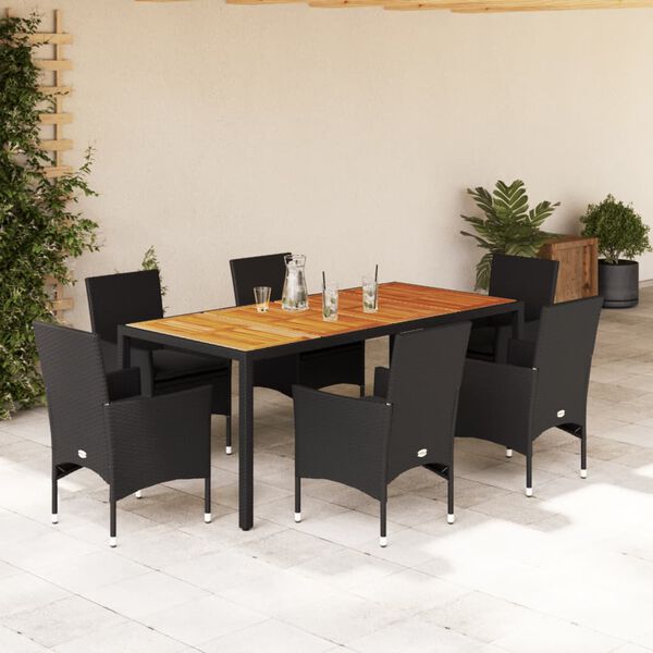 vidaXL 7 pcs conjunto jantar jardim c/ almofad&otilde;es vime PE/ac&aacute;cia preto