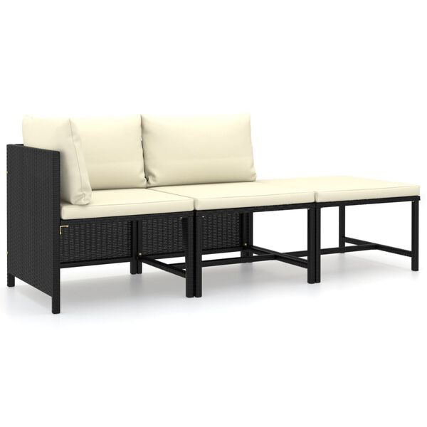 vidaXL 3 pcs conjunto lounge de jardim c/ almofad&otilde;es vime PE preto