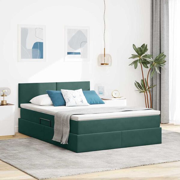 vidaXL Cama com arruma&ccedil;&atilde;o e LED Verde Escuro 140 x 190 cm Veludo