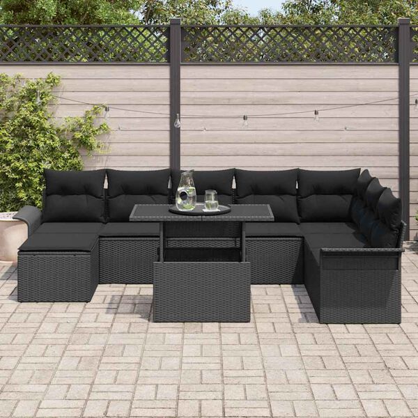 vidaXL Conjunto de Sof&aacute; de Jardim com almofada 9 pcs Preto vime PE