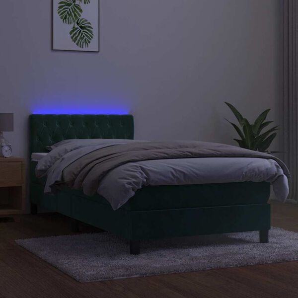 vidaXL Cama box spring c/ colch&atilde;o/LED 100x200 cm veludo verde-escuro