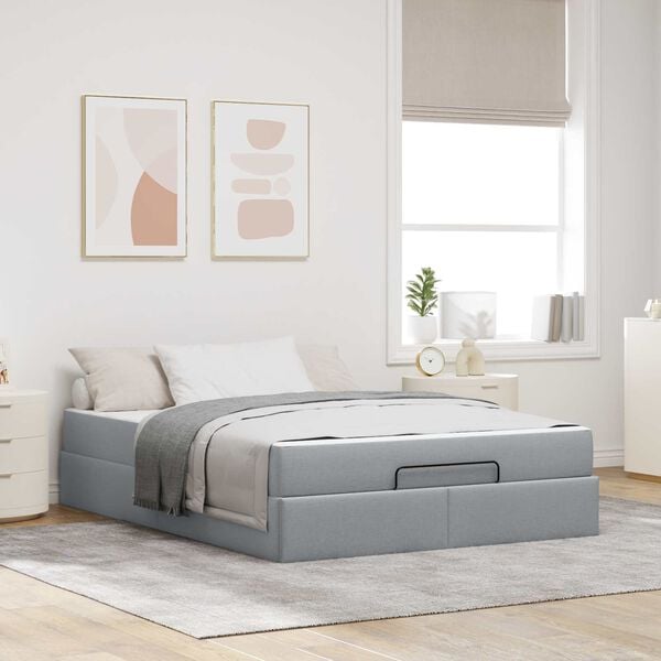 vidaXL Estrutura de cama com colch&atilde;o 2 pcs Cinzento-claro tecido