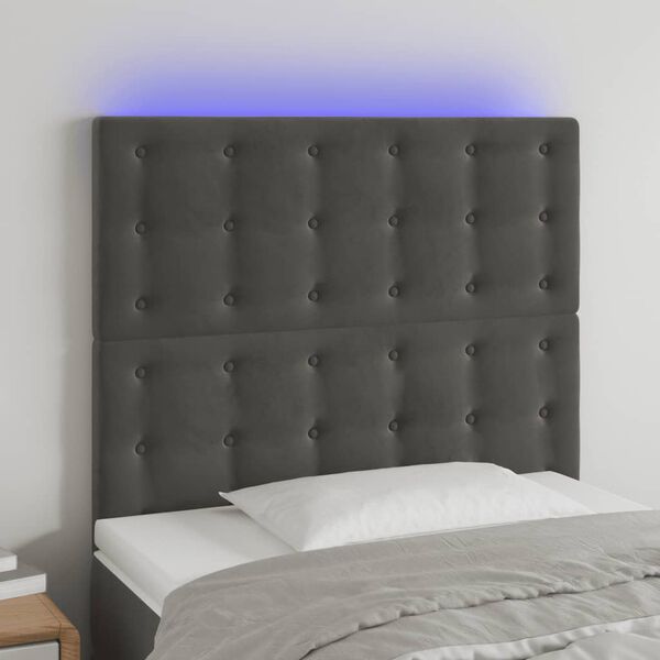 vidaXL Cabeceira de cama c/ LED veludo 100x5x118/128 cm cinza-escuro