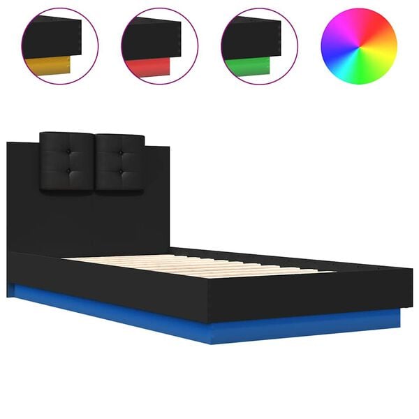 vidaXL Estrutura de cama com cabeceira e luzes LED 75x190 cm preto