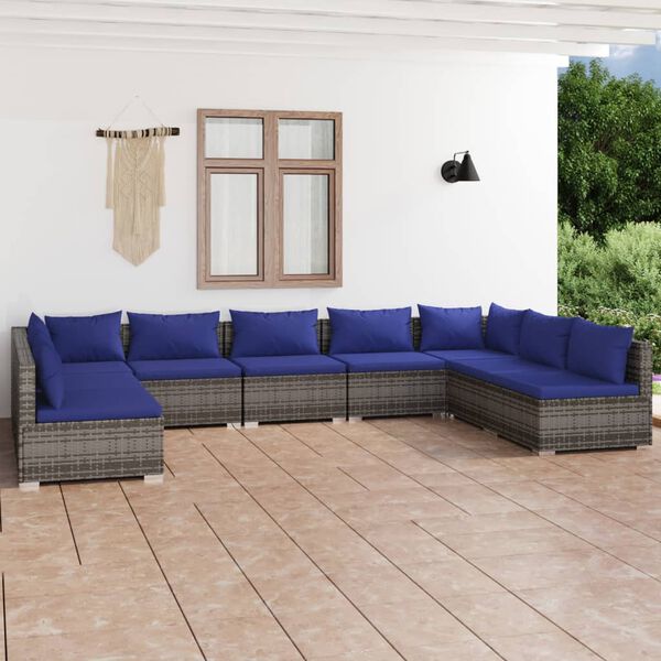 vidaXL 9 pcs conjunto lounge de jardim c/ almofad&otilde;es vime PE cinza