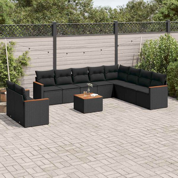 vidaXL 11 pcs conjunto sof&aacute;s de jardim c/ almofad&otilde;es vime PE preto