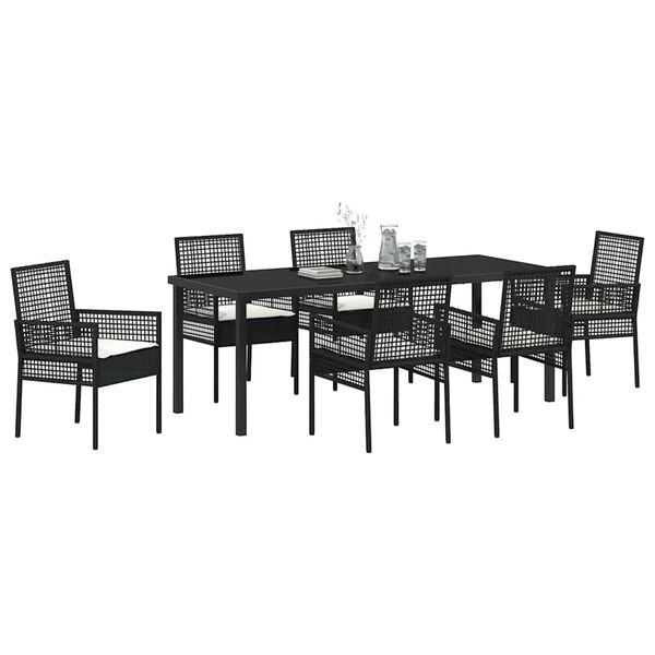 vidaXL Conjunto de Jantar para Jardim com almofada 7 pcs Preto vime PE