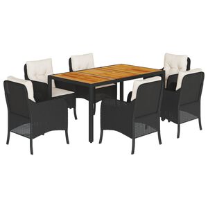 vidaXL 7 pcs conjunto de jantar p/ jardim c/ almofad&otilde;es vime PE preto