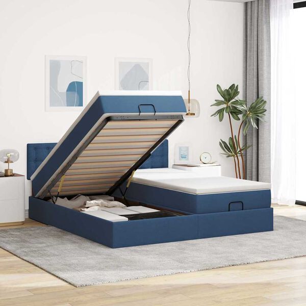 vidaXL Estrutura de cama otomana com colch&otilde;es 180x200cm tecido azul
