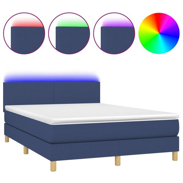 vidaXL Cama box spring c/ colch&atilde;o e LED 140x190 cm tecido azul
