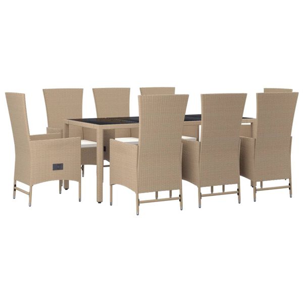 vidaXL 9 pcs conjunto de jantar p/ jardim com almofad&otilde;es vime PE bege