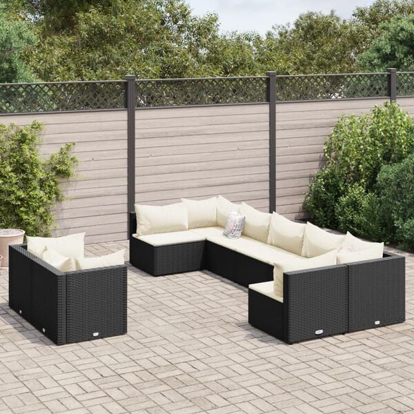 vidaXL 9 pcs conjunto de sof&aacute;s p/ jardim c/ almofad&otilde;es vime PE preto