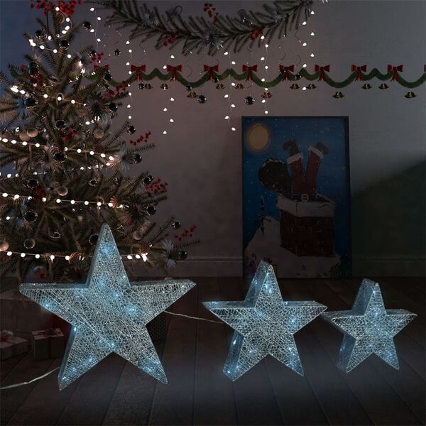 vidaXL Estrelas de Natal com luzes LED 3 pcs ext./int. arame prateado