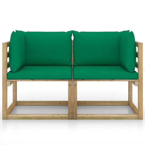 vidaXL Sof&aacute;s de canto p/ jardim c/ almofad&otilde;es 2pcs pinho impreg. verde