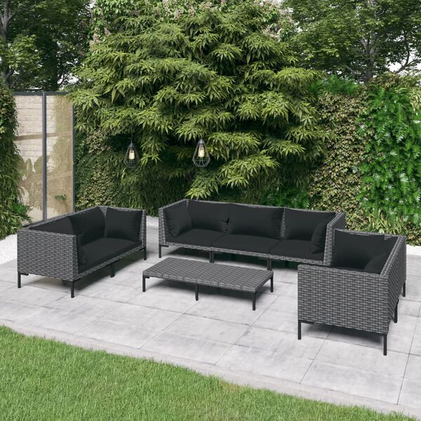 vidaXL 8 pcs conj. lounge jardim c/ almofadões vime PE cinzento-escuro