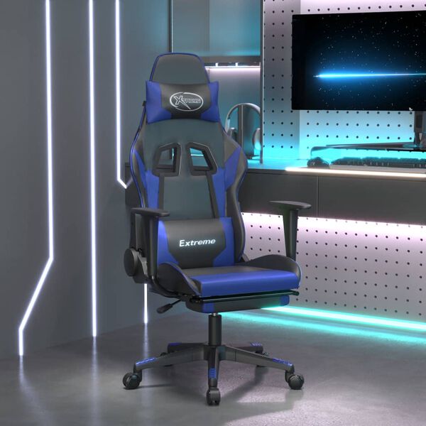 vidaXL Cadeira gaming c/ apoio para pés couro artificial preto e azul