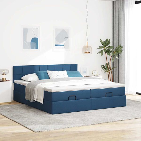 vidaXL Estrutura de cama otomana com colch&otilde;es 200x200cm tecido azul