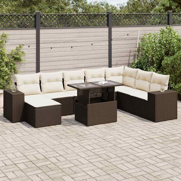 vidaXL 9 pcs conjunto sof&aacute;s p/ jardim c/ almofad&otilde;es vime PE castanho