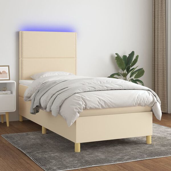 vidaXL Cama box spring c/ colch&atilde;o e LED 90x200 cm tecido cor creme