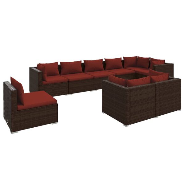 vidaXL 9 pcs conjunto lounge de jardim c/ almofad&otilde;es vime PE castanho