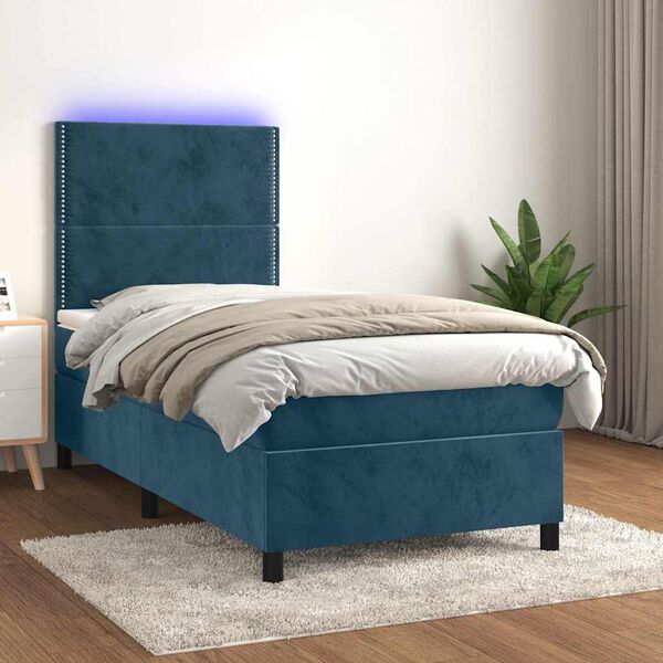 vidaXL Cama box spring c/ colch&atilde;o/LED 90x200 cm veludo azul-escuro