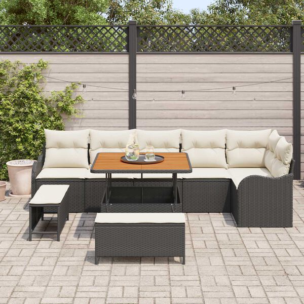 vidaXL Conjunto de Sof&aacute; de Jardim com almofada 9 pcs Preto e Creme