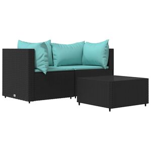 vidaXL 3 pcs conjunto lounge de jardim c/ almofad&otilde;es vime PE preto