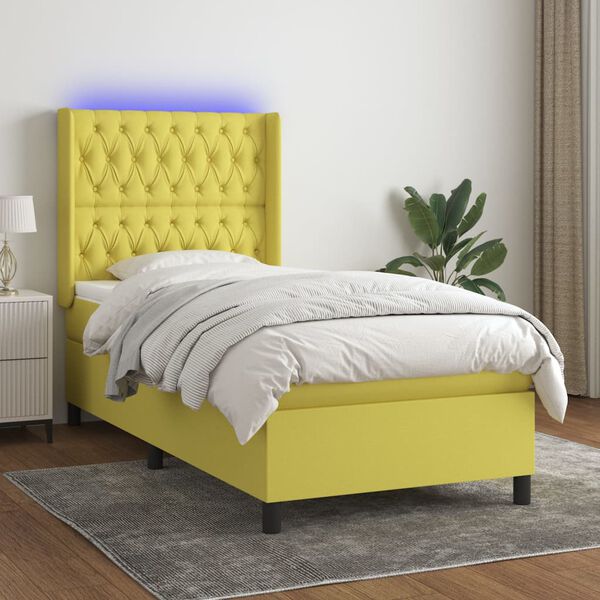 vidaXL Cama box spring c/ colch&atilde;o e LED 90x190 cm tecido verde