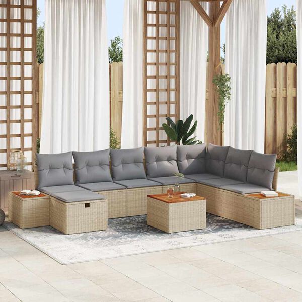 vidaXL Conjunto de Sof&aacute; de Jardim 9 pcs Bege Rattan Sint&eacute;tico