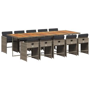 vidaXL 11 pcs conjunto jantar p/ jardim c/ almofad&otilde;es vime PE cinzento