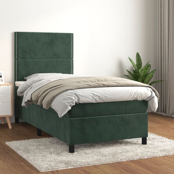 vidaXL Cama com molas/colch&atilde;o 90x200 cm veludo verde-escuro