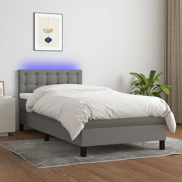 vidaXL Cama box spring c/ colch&atilde;o e LED 80x200 cm tecido cinza-escuro