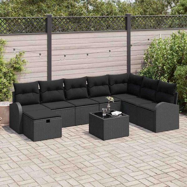vidaXL Conjunto de Sof&aacute; de Jardim 9 pcs Preto Rattan Sint&eacute;tico
