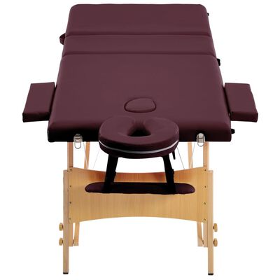 vidaXL Mesa de massagens dobrável 3 zonas madeira roxo tinto