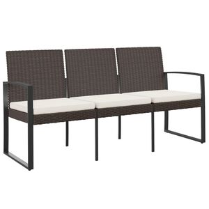 vidaXL Banco de jardim de 3 lugares com almofad&otilde;es vime PP castanho