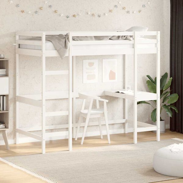 vidaXL Cama alta com secretária 90x190 cm pinho maciço branco
