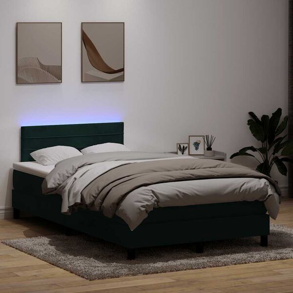 vidaXL Cama box spring c/ colch&atilde;o e LED 120x210 cm veludo verde-escuro