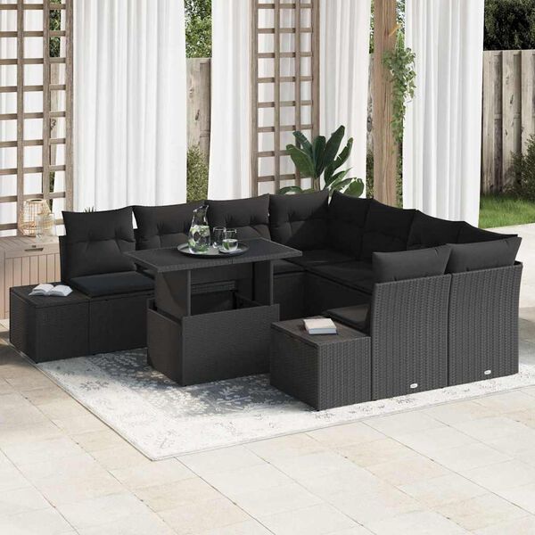 vidaXL Conjunto de Sof&aacute; de Jardim com almofada 9 pcs Preto vime PE