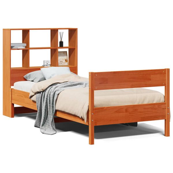 vidaXL Cama com estante sem colch&atilde;o 75x190cm pinho maci&ccedil;o castanho-mel