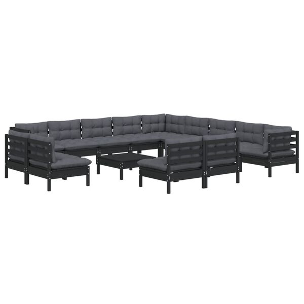 vidaXL 14 pcs conjunto lounge jardim c/ almofadões pinho maciço preto