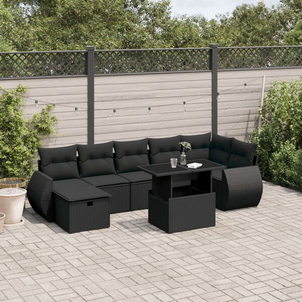 vidaXL 8 pcs conjunto sof&aacute;s de jardim com almofad&otilde;es vime PE preto