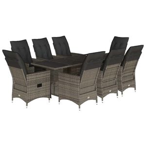vidaXL 9 pcs conjunto de jantar p/ jardim c/ almofad&otilde;es vime PE cinza