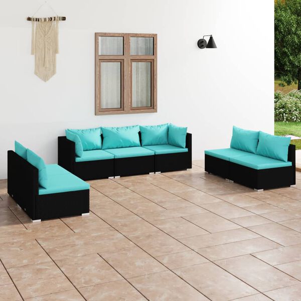 vidaXL 7 pcs conjunto lounge de jardim c/ almofad&otilde;es vime PE preto